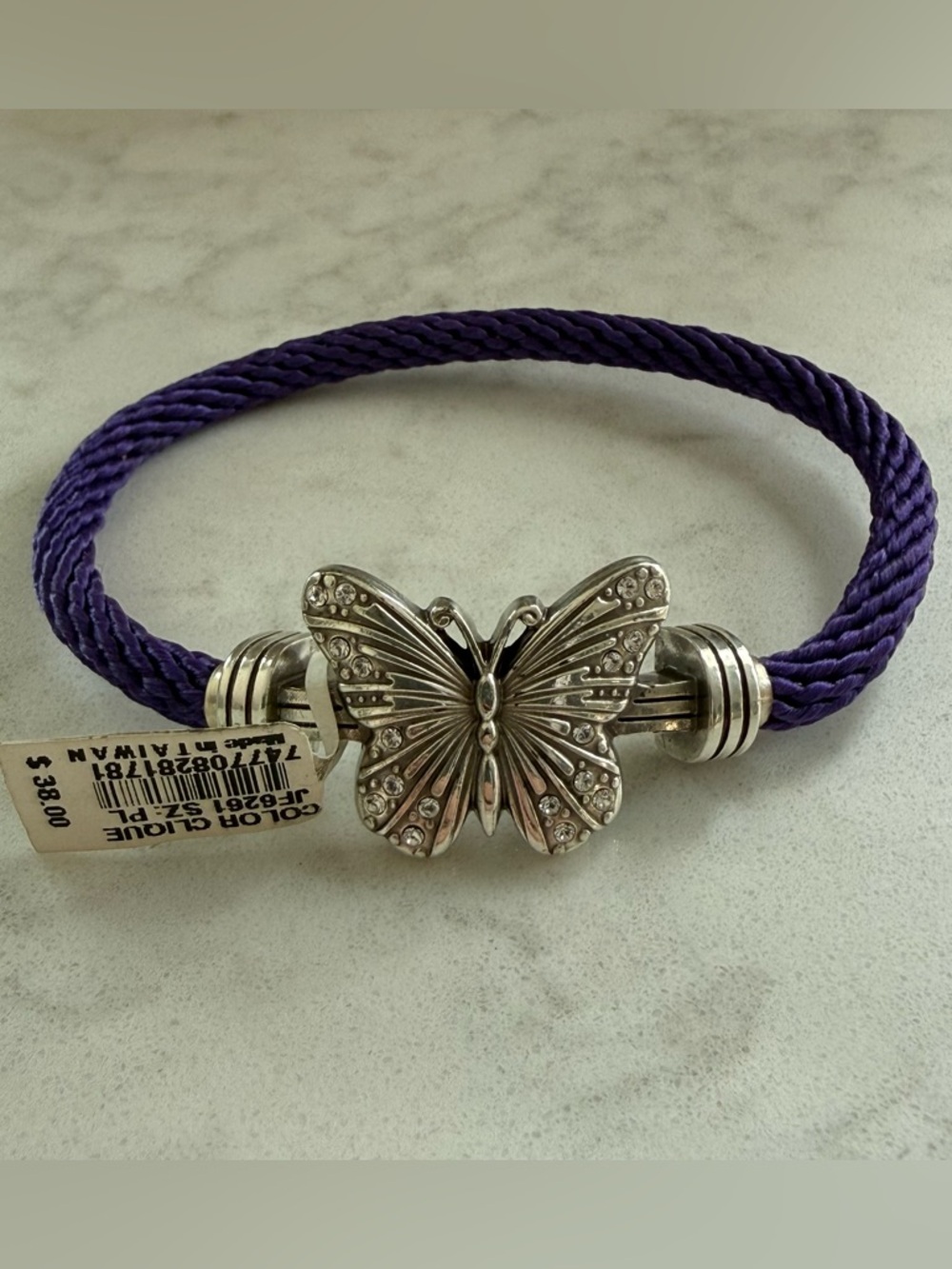 NWT Brighton Color Clique Purple Cord Silver Butterfly Crystal Bracelet